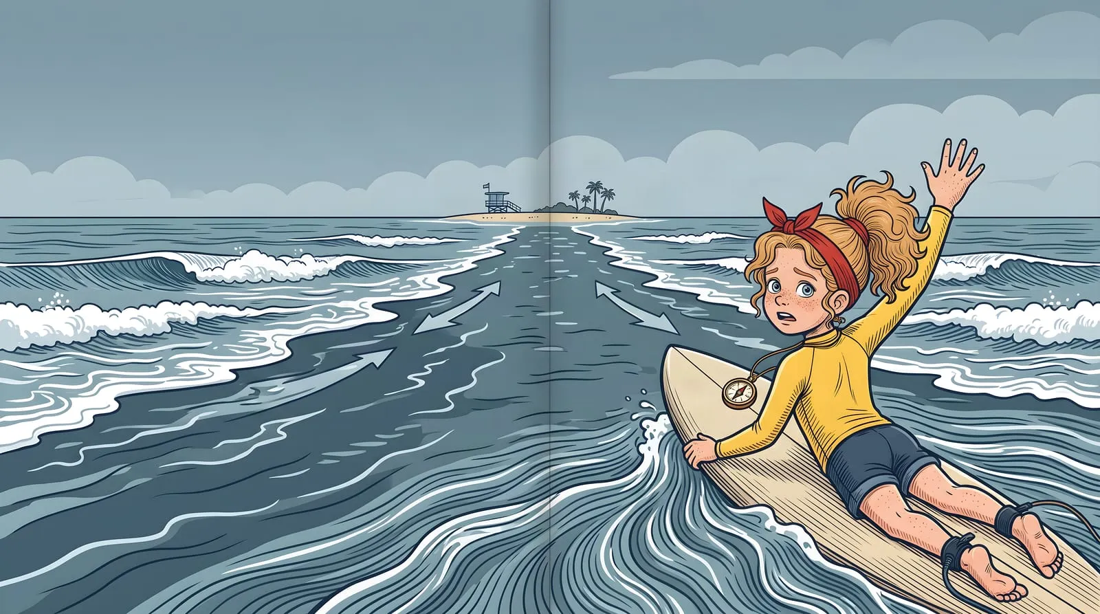 Mila's point of view: she holds her board in a narrow darker channel, the beach and palm trees tiny and far away.